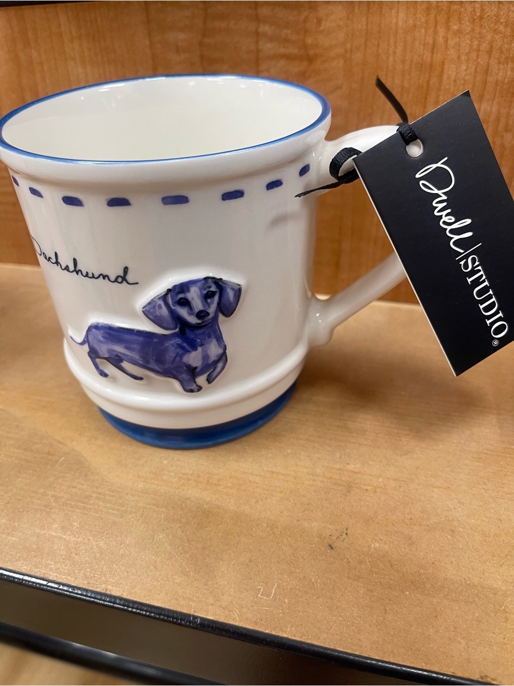 Dwell Studio DASCHAUND blue and white double sided coffee mug - Brand New